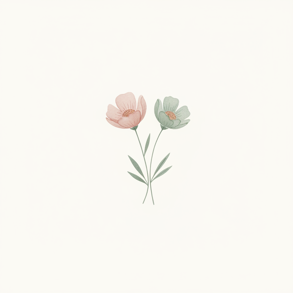 A watercolor of two small flowers side by side, one pink and one sage