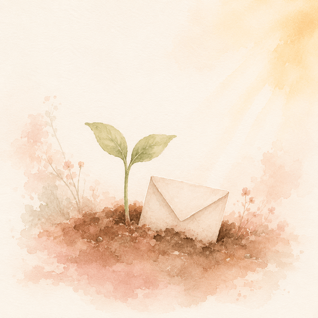 A watercolor of a small seedling in soft light, a folded paper note tucked beside it, clay-pink and sage tones