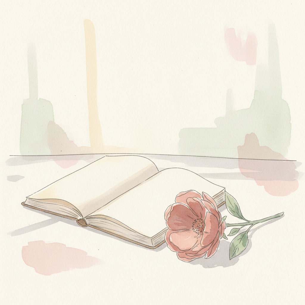 A watercolor of an open journal in soft light, a single clay-pink flower resting beside it