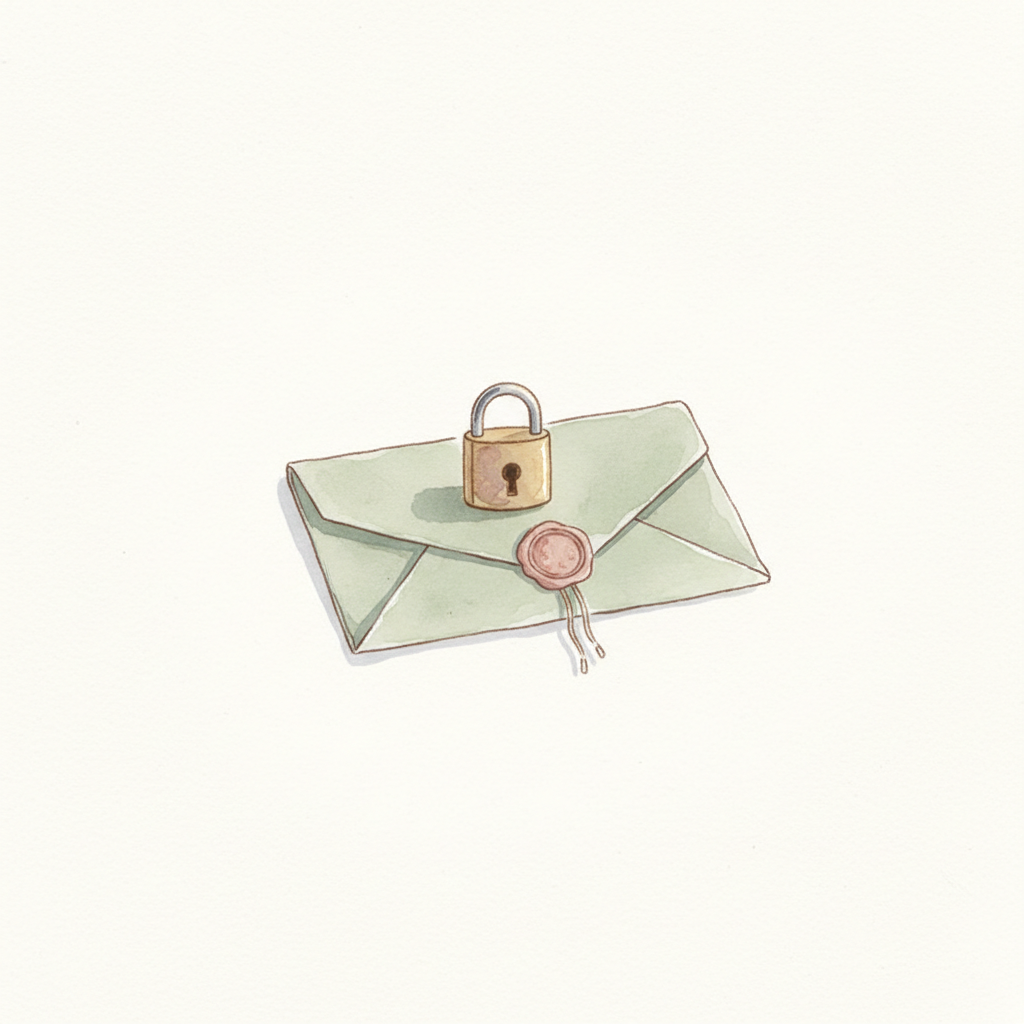 A watercolor of a small closed padlock resting on a folded paper note
