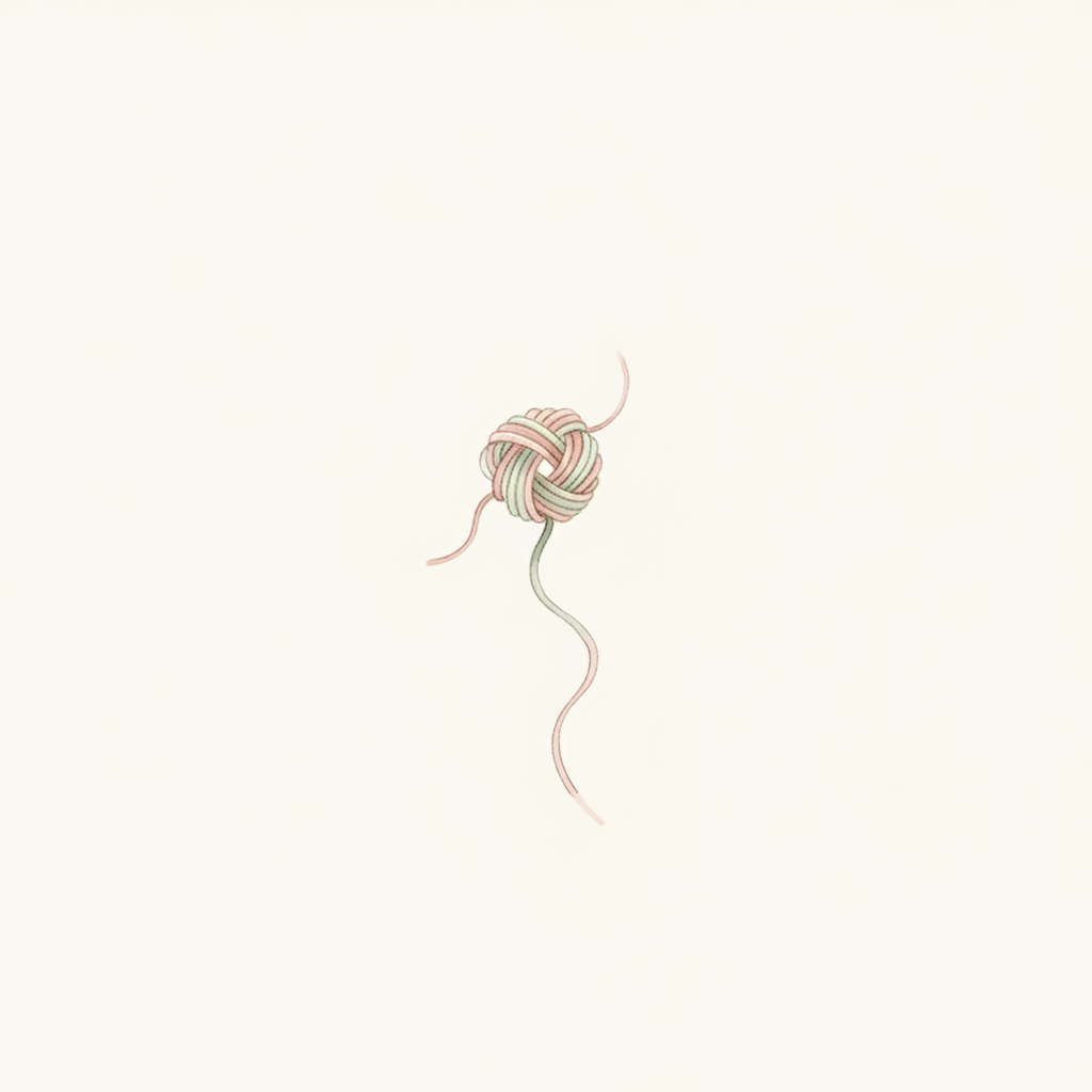 A watercolor of a tangled thread loosening into a single calm strand