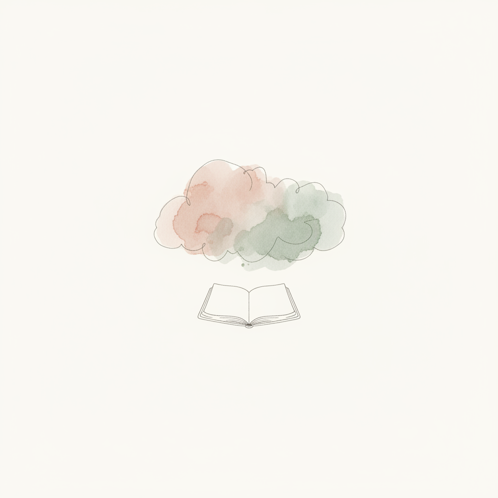 A watercolor of a soft, formless cloud of muted color drifting above a small open notebook
