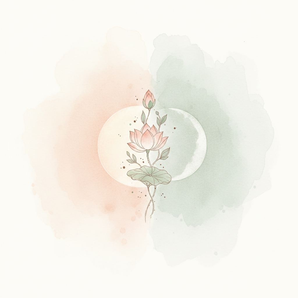 A watercolor split softly between a dawn sun and a crescent moon, a lotus between them