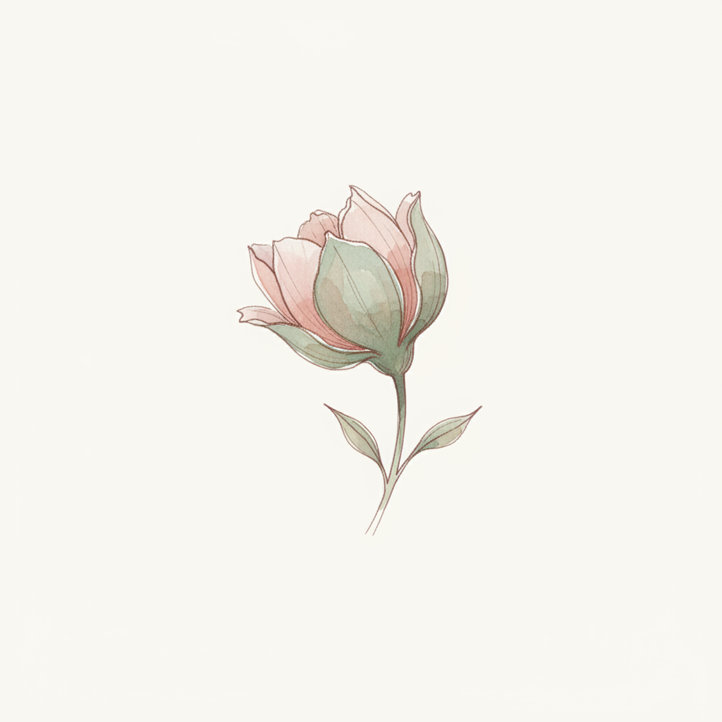 A watercolor of a flower partly in bloom, some petals open and some still closed