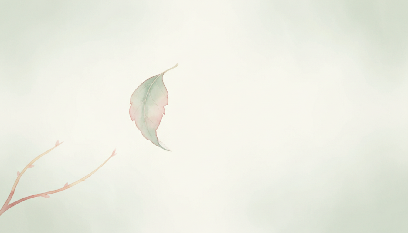 A single watercolor leaf drifting back toward a calm branch