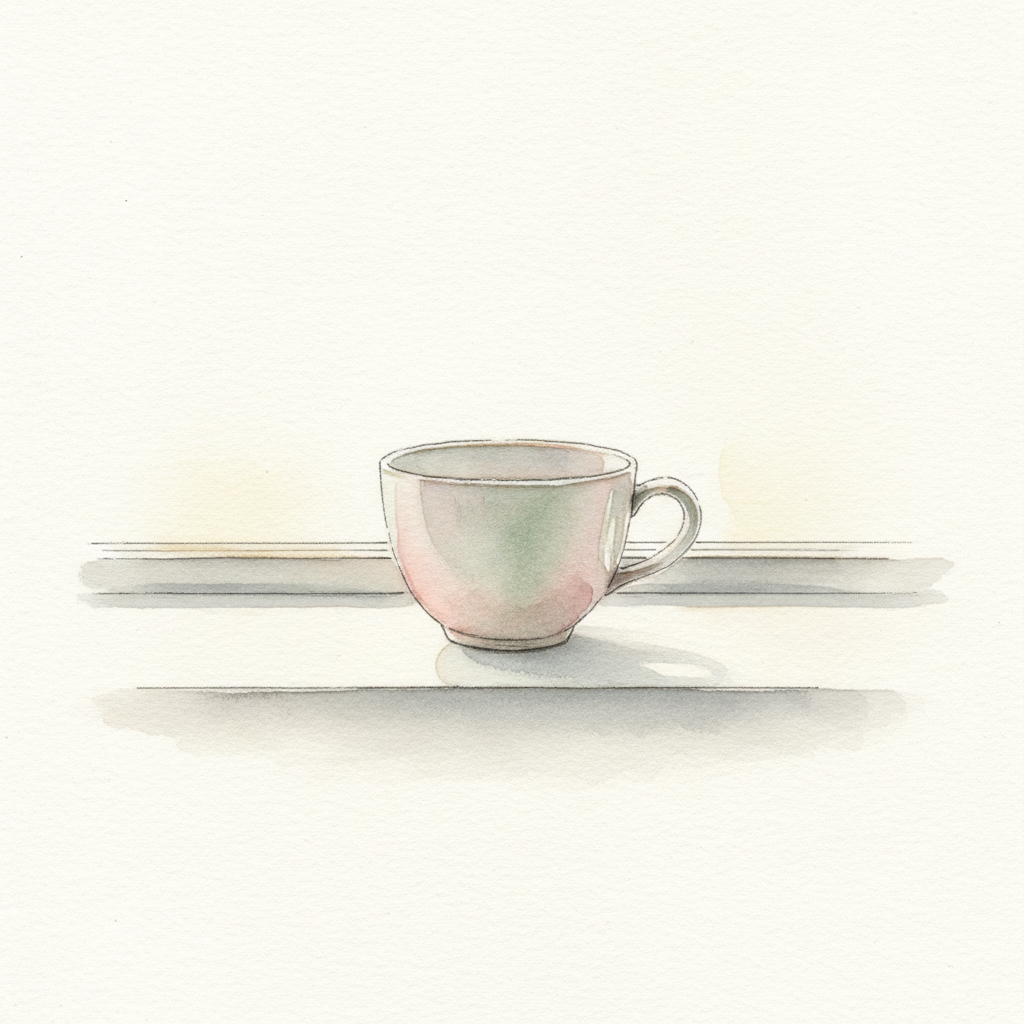 A watercolor of an ordinary teacup on a windowsill, its edges softly fading
