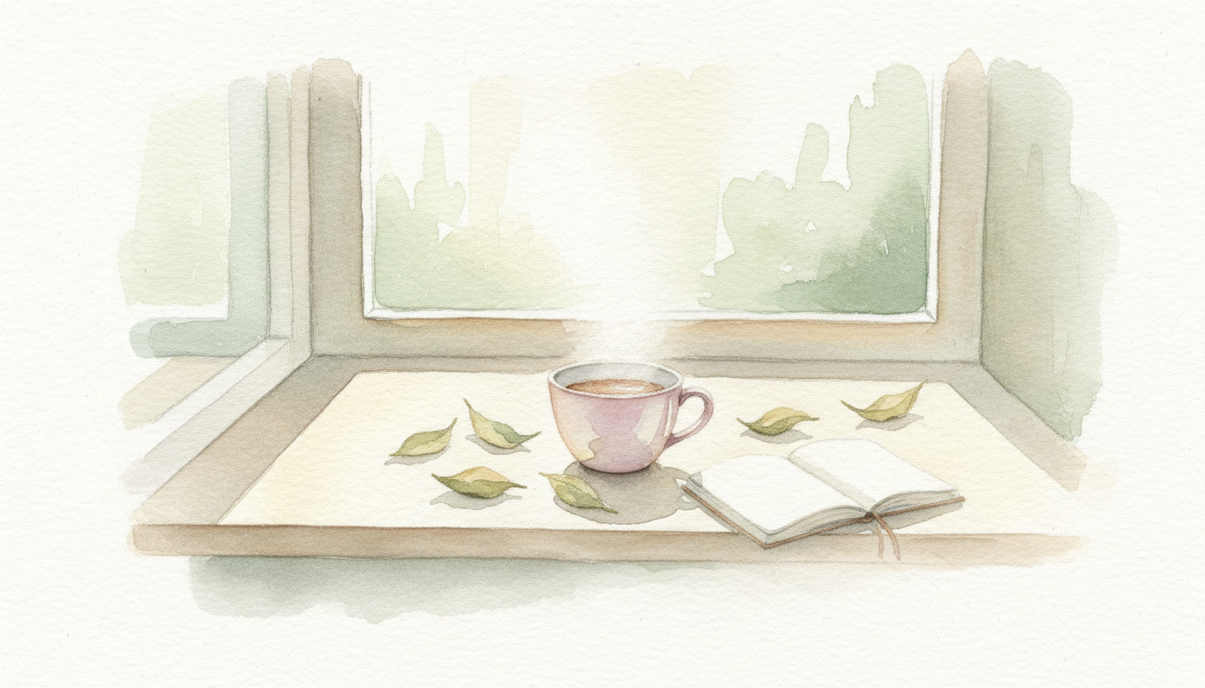A watercolor still life of a quiet desk near a window, soft morning light