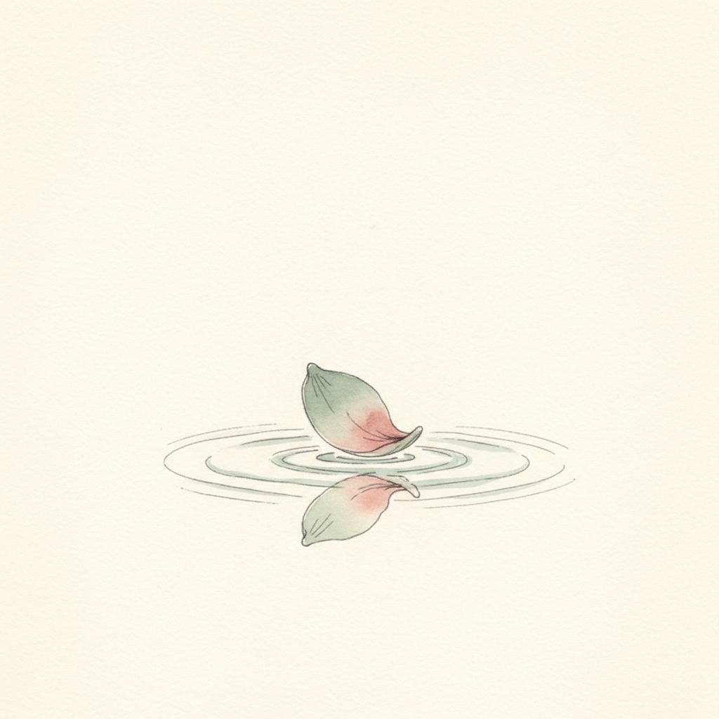A watercolor of a single petal settling gently onto a still surface, soft morning light