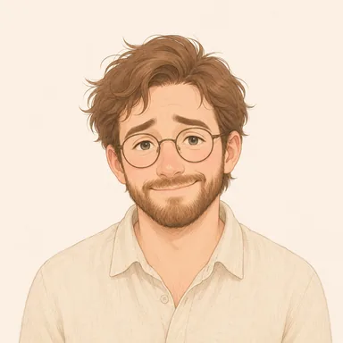 a bashful bearded man with glasses, AI-generated illustration