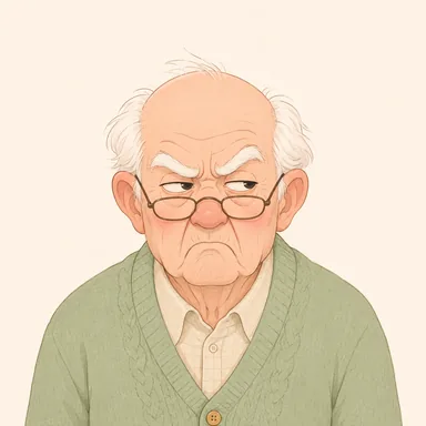 a grumpy elderly man in a sage cardigan, AI-generated illustration