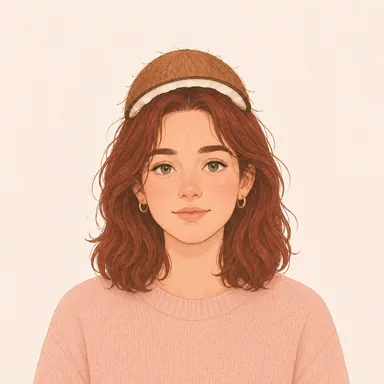 a young woman in a blush sweater wearing half a coconut on her head, AI-generated illustration